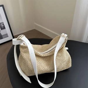 Women Vintage Handwoven Straw Woven Tote Bag Large Capacity Shoulder Bag With Synthetic Leather Strap Zipper Closure Fashion Handbag