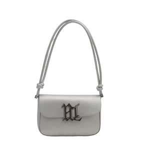 Silver-grey leather underarm bag with black gothic metal logo and knotted shoulder strap