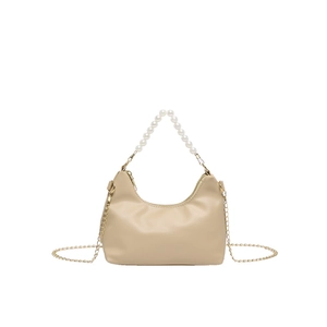 Elegant cream leather hobo bag with pearl bead handle and gold metal chain strap