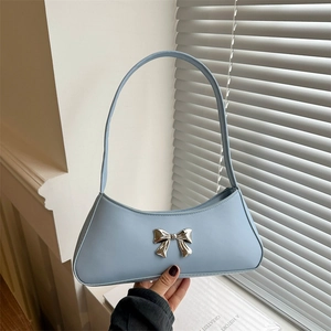 Women Trendy PU Leather Baguette Bag With Metal Bow Decoration Simple Solid Color Underarm Shoulder Bag For Daily Casual