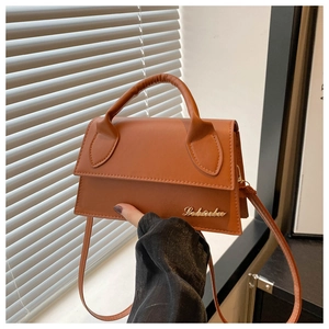 Close-up of brown mini crossbody bag with gold metal logo and handle detail