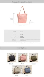 Size chart and color options for a waterproof Oxford cloth tote bag with dimensions