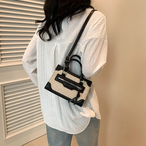 French style woven patchwork crossbody bag with houndstooth pattern and leather details