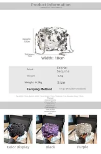Detailed size chart and dimensions of the sequin chain crossbody bag with strap