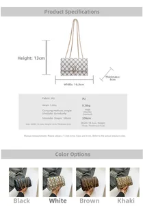 Detailed size specifications and color options for the crossbody bag with chain strap