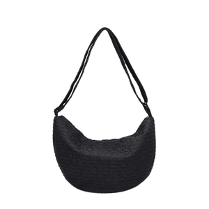 Fashionable black crescent bag with woven texture and adjustable shoulder strap