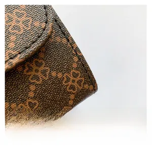 Detailed close-up of brown monogram pattern leather texture and neat stitching of the bag