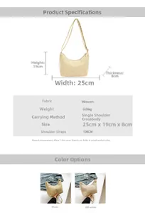 Spécifications de taille pour sac à main tressé en croissant avec mesures et options