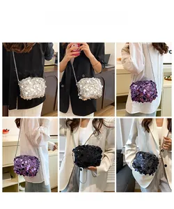 Detailed views of shiny sequin crossbody bags with chain straps in silver, purple and black
