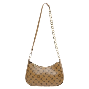 Fashionable khaki crescent shoulder bag with black floral pattern and gold chain strap