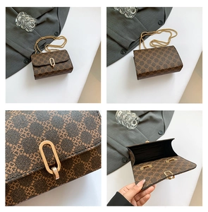 Detail view of brown printed crossbody bag with golden chain and oval metallic clasp