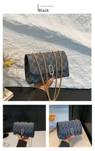 Detail of black crossbody bag featuring floral patterns and gold chain strap