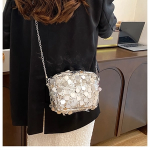 Detail of silver sequin crossbody bag with chain strap worn by a model in a cozy room