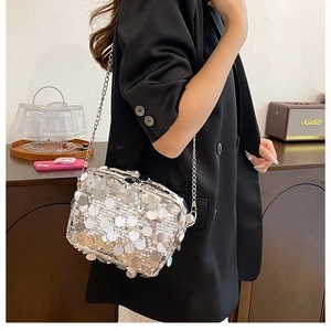 Detail of shimmering silver sequin crossbody bag with slim metal chain shoulder strap