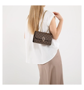 Dark brown monogram crossbody bag with gold chain strap shown on a model's shoulder