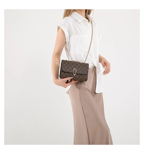 Close-up of brown monogram crossbody bag featuring a gold chain strap and oval metal clasp