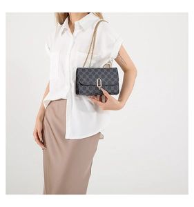 Detail of dark gray monogram crossbody bag featuring a golden chain and oval lock