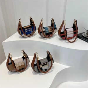 Fashion patchwork half-moon shoulder bags with golden wave buckles in five colorways