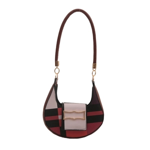 Modern color-block crescent shoulder bag with gold wavy clasp and brown strap
