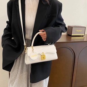 Glossy white PU leather handbag with gold twist lock and fashion tag for women