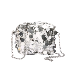 Sparkly silver sequin crossbody bag with chain strap for evening parties and events