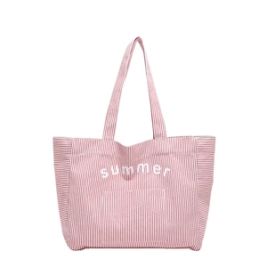 Grand sac cabas en toile à rayures rouges et blanches avec imprimé summer et poche externe