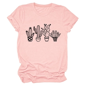 Vista dettagliata del tessuto della t-shirt rosa con stampa grafica di cactus minimalista