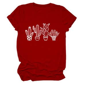 T-shirt bordeaux da donna a maniche corte con stampa di cactus e risvolti