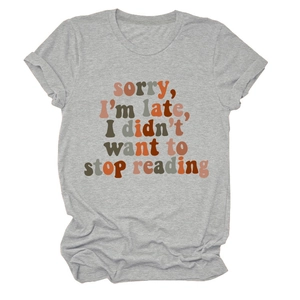 Detail of the cotton fabric texture and colorful typography print on the grey t-shirt