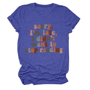 Detail of round neckline and retro typography on blue purple short sleeve t-shirt