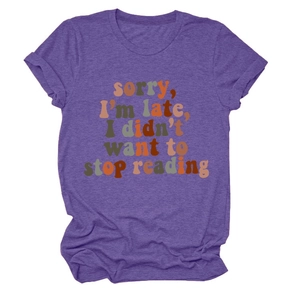 Detail of rolled sleeve and heather purple fabric on the sorry I'm late reading t-shirt