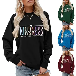 Sweat-shirt Femme Décontracté en Mélange de Coton Col Rond Manches Longues Kindness Is Free Imprimé Lettres Pull Top Mode Lâche