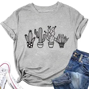 T-shirt da Donna in Misto Cotone Casual con Stampa Cactus Girocollo Manica Corta Vestibilità Comoda