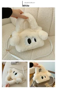 Vue détaillée du sac à bandoulière en peluche blanche avec yeux de dessin animé
