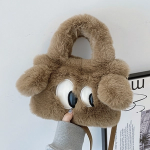 Sac À Main En Peluche Cartoon Grands Yeux Sac Carré En Fausse Fourrure Avec Bandoulière Amovible Pour Femme Décontracté