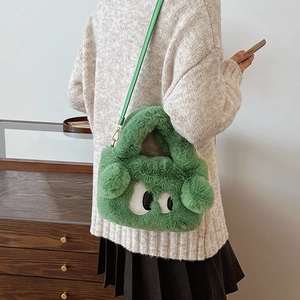 Sac à bandoulière vert en peluche avec motifs yeux et pompon mignon pour femme
