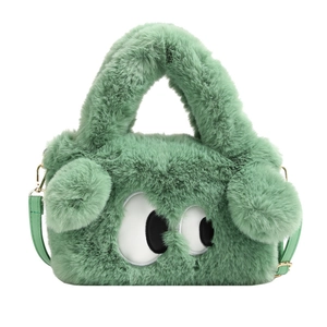 Sac bandoulière mignon en peluche vert menthe avec grands yeux de dessin animé et métal