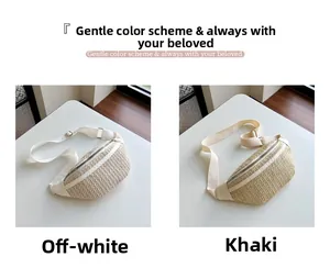Vue détaillée de sacs bananes tissés en crème et kaki avec des sangles réglables