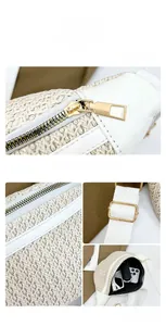 Détails de la texture en paille tissée, zip doré et cuir PU sur ce sac bandoulière tendance