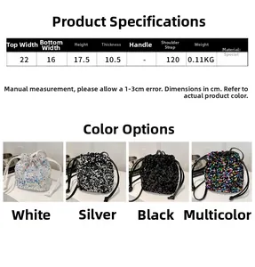 Size chart and dimensions for the sequin chain bucket bag showing four color variants