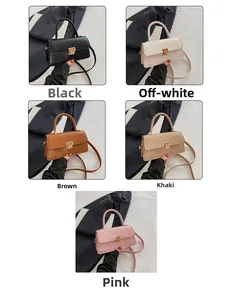 Collage von rechteckigen Handtaschen in fünf Farben mit goldenem Drehverschluss