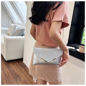 Silver sequined evening clutch bag with gold V-metal trim worn on a chain strap