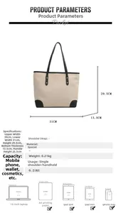 Detailed dimensions of beige and black tote bag showing size measurements and capacity