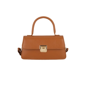 Retro tan rectangular crossbody handbag with golden square metal buckle on white background