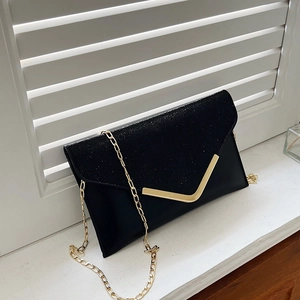 Women's Glitter Sequin Envelope Evening Bag With Gold V Metal Trim Chain Strap Crossbody Clutch Purse