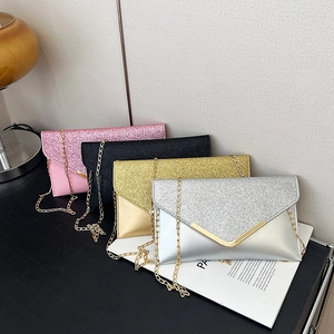 Sparkling sequin evening clutch bags with V-shaped flap and gold chain straps