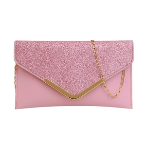 Pink glitter evening clutch bag with gold V-metal trim and elegant chain strap