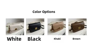 Minimalist square crossbody bags shown in white, black, khaki, and brown with gold buckles