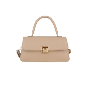 Elegante beige Umhängetasche mit goldener Metallschnalle und Tragegriff für Damen
