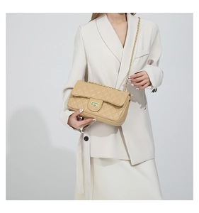 Detail of beige quilted leather bag with gold twist lock and woven chain strap